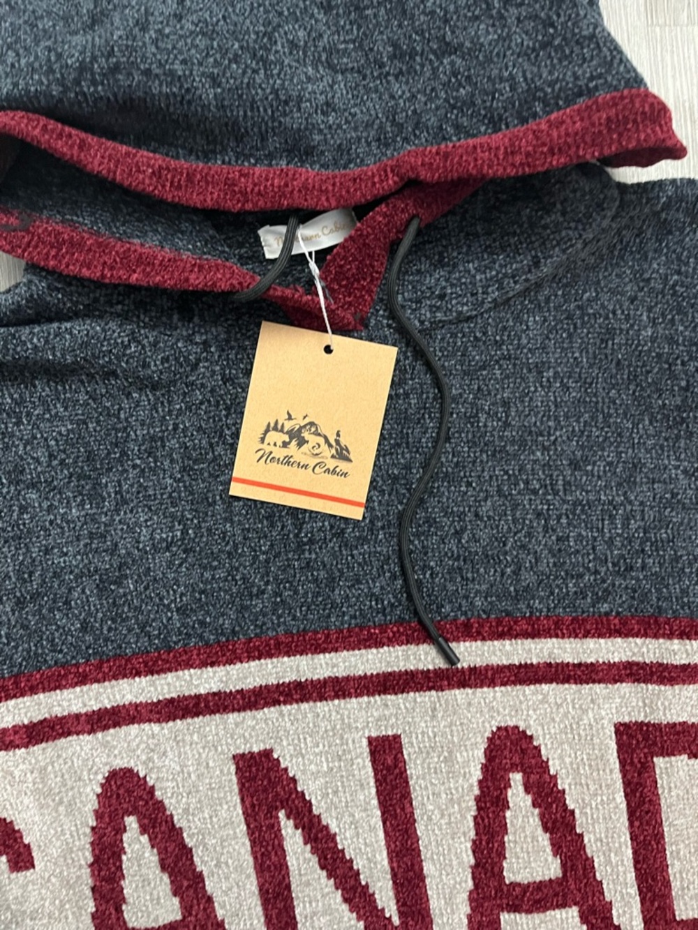 0073–NWT CANADA Hooded Pullover Sweater - Charcoal & Burgundy - Picture 3 of 4